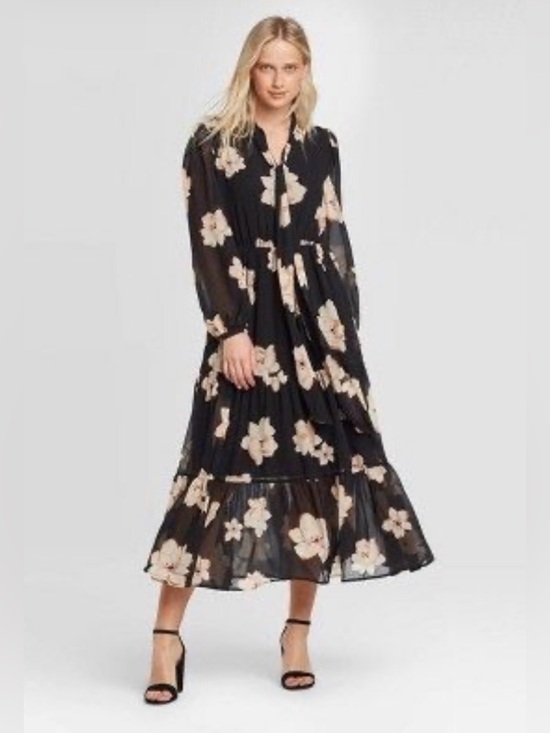Who What Wear Dresses & Skirts - Who What Wear Black Maxi Dress Long Sheer Sleeve Tie Neck Cream Orange Floral XL